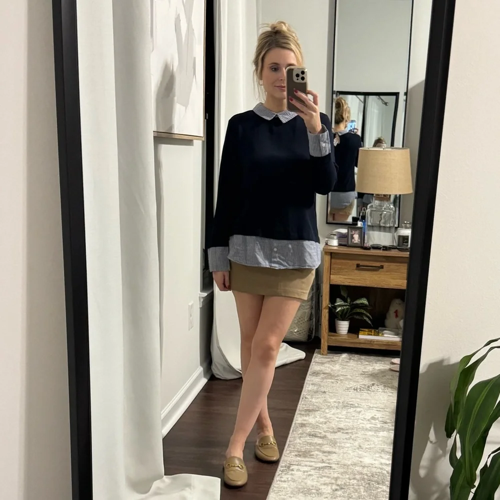 Navy Preppy Style Blouse / Attached Pin Stripe Sleeves & Collar - Picture 5 of 11